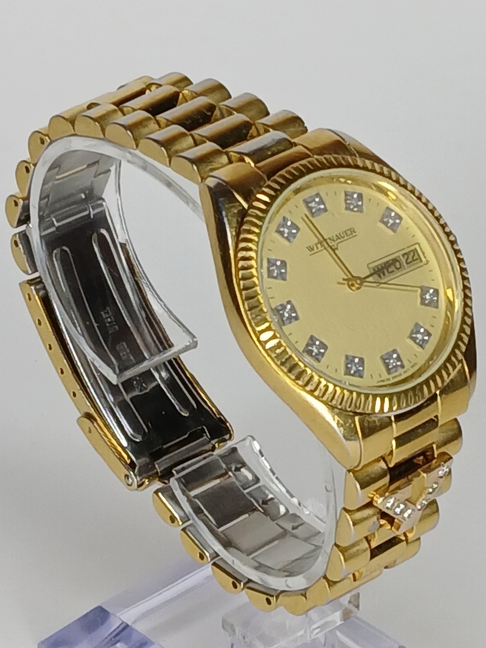 Men's Wittnauer Gold Dial Crystal Markers Day Date Fluted Bezel Watch